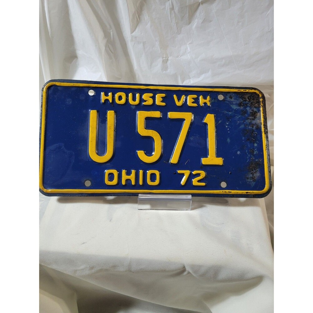 Vintage 1972 - OHIO HOUSE VEHICLE LICENSE PLATE single #U571 blue/yellow